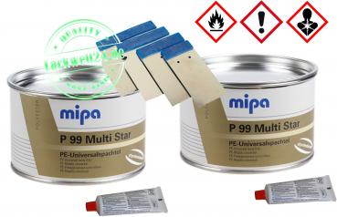 2 Dosen MIPA P99 - Füll-Spachtel, Multispachtel, inkl. Härter, je 1kg + 4 Japanspachtel Metall